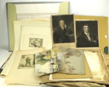 A portfolio of assorted etchings, pastel and pencil sketches and watercolours.