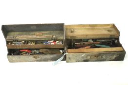 Two vintage carpenters tool boxes and contents. Including saws, chisels, drills, planes, etc.