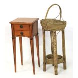 A contemporary bedside cabinet and a two-tier basket of naturalistic design.