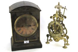 A 20th century skeleton clock and mantel clock. Both with fusee movements.