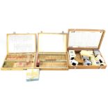 Three wooden boxes containing photographic and microscope slides and others