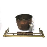 A large Victorian riveted copper log bucket or planter and other metal items.
