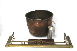 A large Victorian riveted copper log bucket or planter and other metal items.
