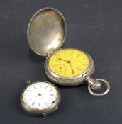 A silver plated full hunter watch and a silver fob watch.