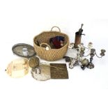 Collection of vintage silver plate, metalware and collectables in a wicker basket.