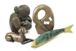 Three contemporary sculptures and an unusual wooden articulated fish.