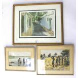 Two watercolours and a signed print of Bermuda Lane after Diana Amos.