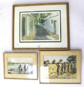Two watercolours and a signed print of Bermuda Lane after Diana Amos.