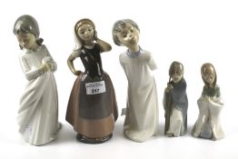Five Spanish porcelain figurines.