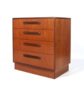 A 1960s G-Plan teak chest of drawers. With four graduated drawers, labelled to drawer, L72cm x D44.