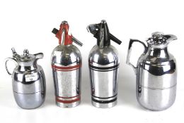 Two chrome vacuum jugs. With two chrome 'Sparklets Ltd.' soda syphons, 29cm high.