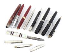 Five assorted fountain pens, three propelling pencils and four mother of pearl pen knives.