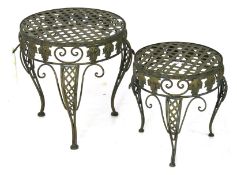 Two assorted matching metalwork plant stand tables. With circular mesh tops.