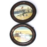 Two oval north African paintings on board. Scenes of water by desert with nomads and camels.