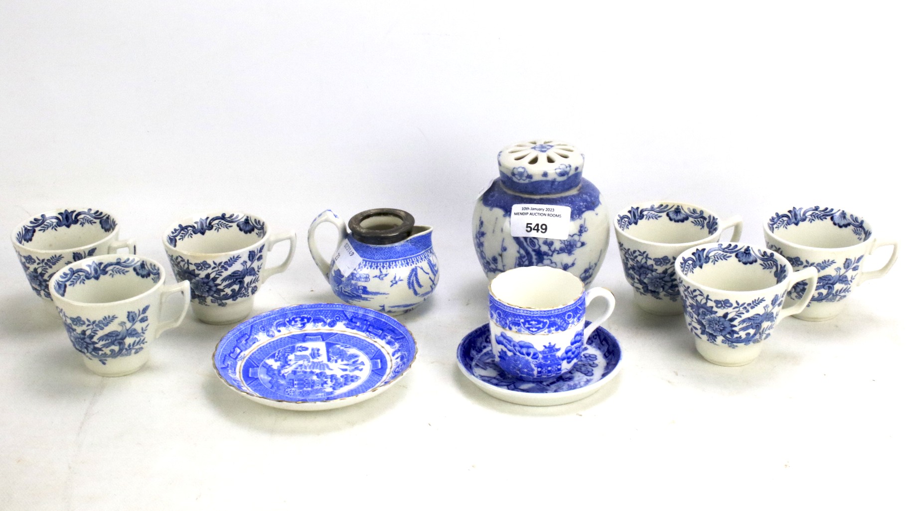 A small collection of Victorian and later blue and white printed china.