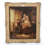 A 19th century oil on canvas of an interior scene with mother and children.