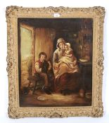 A 19th century oil on canvas of an interior scene with mother and children.