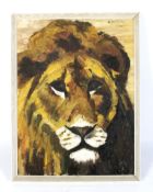 A portrait of a lion, oil on board.