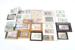 A collection of bank notes and coins.