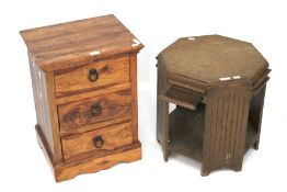 A contemporary teak small chest of drawers and octagonal oak side table.
