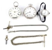 Two silver hallmarked pocket watches, a silver hallmarked cased wristwatch,