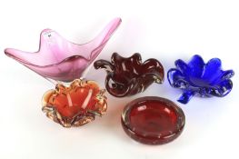 Five 20th century colourful glass bowls.