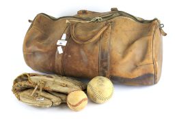 A vintage leather holdall, pair of Taylor baseball gloves and two balls. The bag marked 'A.R.S.
