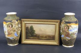 A pair of Satsuma style decorative gilt vases and picture.