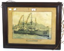 Naval Interest, an early 20th century illuminated battleship picture. 'H.M.S.