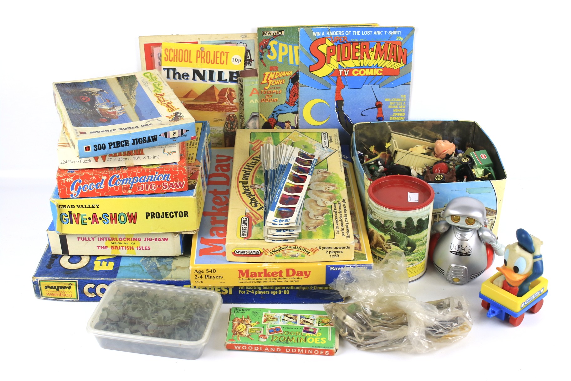 An assortment of childrens toys and games.