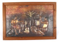 An African embossed copper picture. Showing a family cooking.