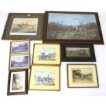 Nine assorted hunting related framed pictures. Including ' Fore's Hunting Sketches ' 39 x 39cm, etc.