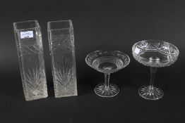 Two cut glass tazza and a pair of square cut glass vases.