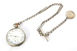 A vintage silver half hunter pocket watch with a white metal fancy Albert chain and fob.