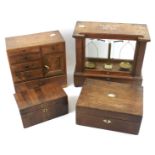 A pair of weighing scales, two wooden boxes and an apprentice miniature chest of drawers.