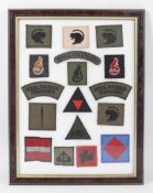 A framed and glazed collection of military patches.