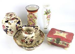 Assorted items of Mason's Ironstone, two opaque glass vases and other items.