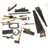 A quantity of assorted hand tools. Including two large hand saws by Disston & Sons, Philadelphia.