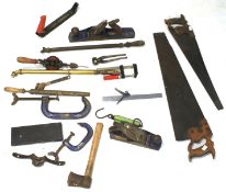 A quantity of assorted hand tools. Including two large hand saws by Disston & Sons, Philadelphia.