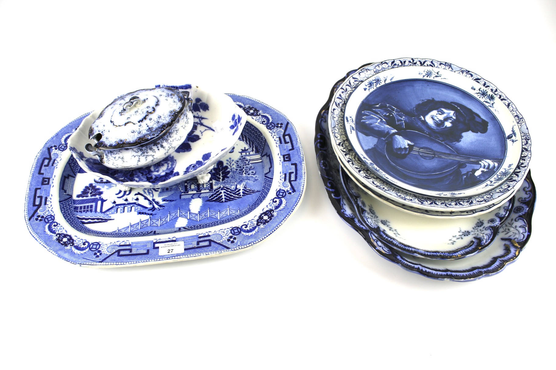 An assortment of blue and white ceramics.