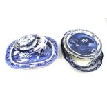 An assortment of blue and white ceramics.