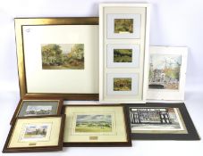Seven assorted landscape prints and a watercolour painting. Two unframed.