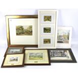 Seven assorted landscape prints and a watercolour painting. Two unframed.