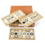 A vintage wooden box of prepared microscope glass shades.