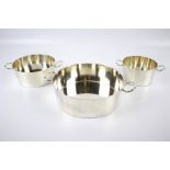 A graduated set of three silver-plated Hukin and Heath two-handled pans.