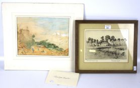 An etching and an early 20th century watercolour of a water carrier in Continental landscape.