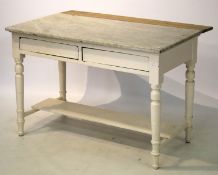 A Victorian marble top white painted pine kitchen table on tappering turned legs.