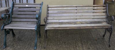 A slatted wooden and cast metal garden bench and a similar single seat.