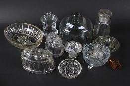 Eleven assorted vintage kitchen glassware including two jelly moulds, etc.