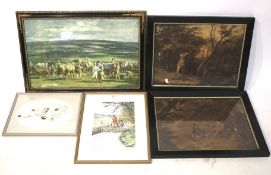 A group of framed horse racing and hunting prints.